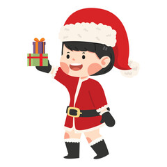 Kid Girl in Santa Claus costume with gift box