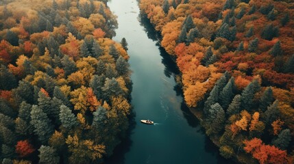 Obraz na płótnie Canvas Generative AI, boat at the calm lake in autumn with serene water around, fall landscape