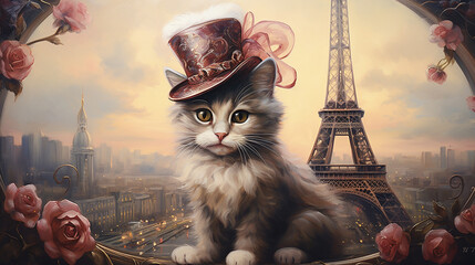 Paris Animal, Estampa de gato , Luxo  Pintura - obrazy, fototapety, plakaty