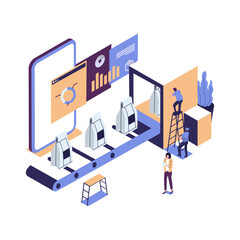 Fototapeta premium a production line with workers, automation and user interface concept: user connecting with a tablet and sharing data with a cyber-physical system, Smart industry 4.0