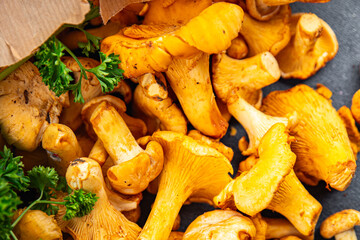 chanterelles fresh mushrooms delicious mushroom appetizer meal food snack on the table copy space food background rustic top view keto or paleo diet vegetarian vegan food