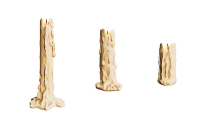 Set of realistic burning white candles on a transparent background. 3d candles with melting wax, flame and halo of light. 3D illustration