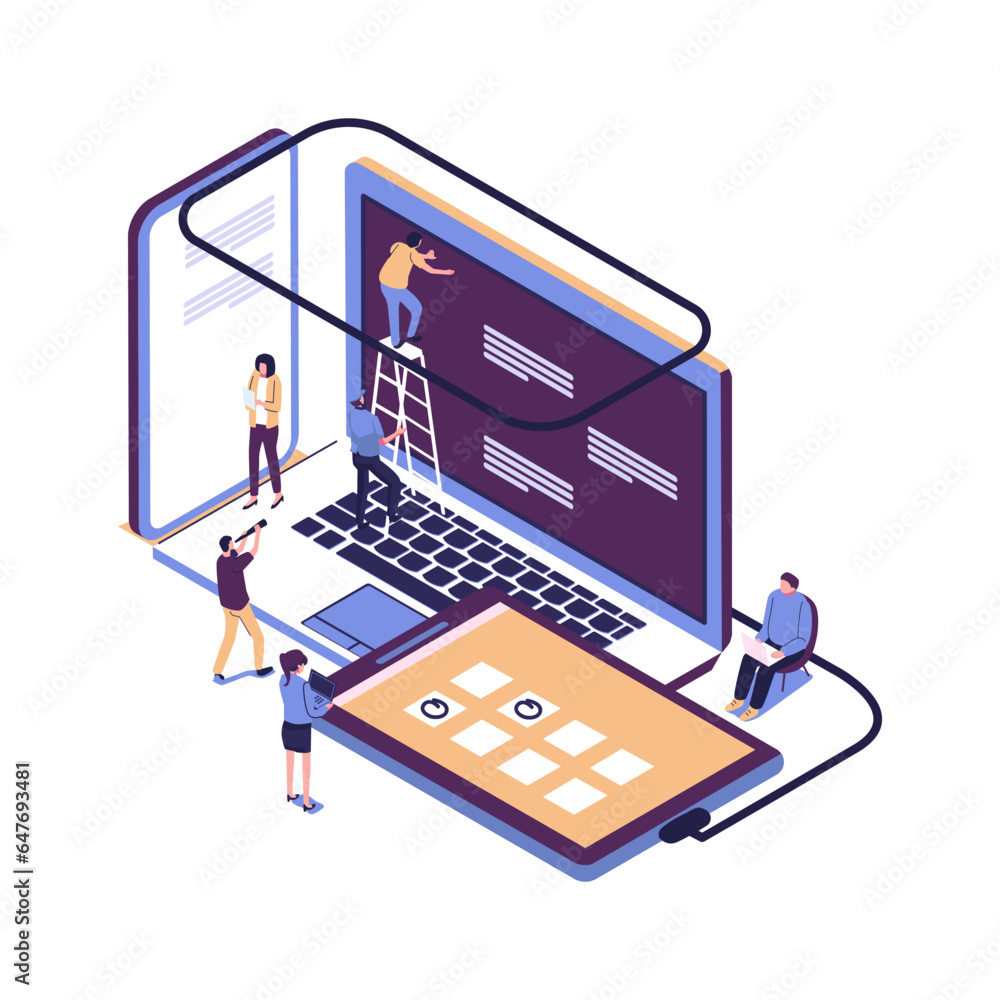 Aufkleber vector, illustration of the concept of web page design and development of mobile websites, small peo