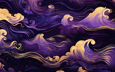 Seamless pattern with waves, in black, purple and gold style, in japanese style