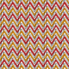 Ethnic seamless pattern. Freehand zigzag stripes print. Boho chic background. Tribal wallpaper. Brush wavy lines. Handdrawn geometric ornament. Chevron backdrop. Indigenous image. Vector artwork.