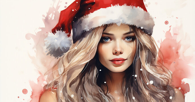Festive and Chic, Stunning Fashion Model in Santa Hat, a Whimsical Watercolor Illustration