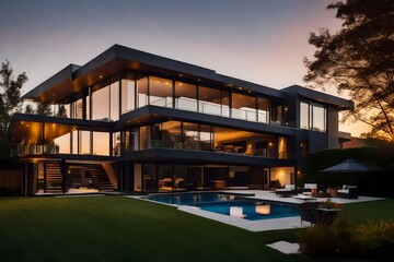 A modern luxury home at sunrise. 