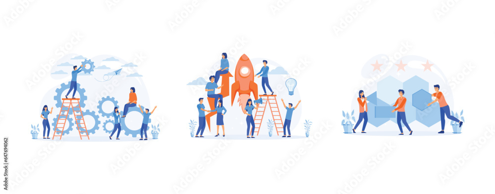 Poster mechanism teamwork. people challenge teamwork up, co working and problem solving, set flat vector mo