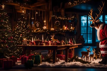 a magical North Pole scene with Santa's workshop, reindeer, and elves busy preparing for Christmas Eve.  - obrazy, fototapety, plakaty