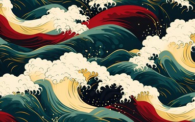 Seamless pattern with waves, in dark red, green and gold style, in japanese style