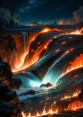 Artistic image of sea, flames, darkness, realism, futuristic