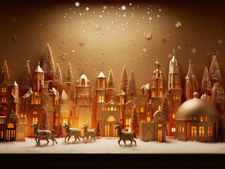 A golden Christmas scene, urban flair, gold backdrop. A dazzling tree adorned with ornaments, reindeer prancing, festive cheer