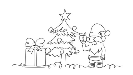 Continuous line drawing of a pine tree and santa surpise for Merry Christmas And Happy New year. vector illustration
