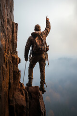 Summit Success: Standing on a Mountain Peak, Arms Raised in Achievement and Tranquility