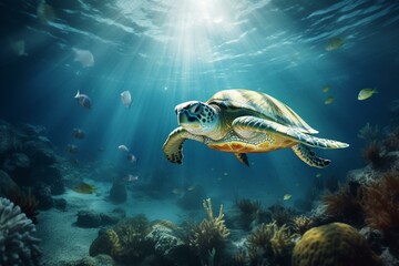 Obraz na płótnie Canvas a turtle glides through the deep sea. Generative AI