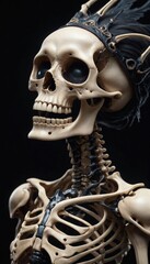 Skeleton woman with hair and eyes. Fantasy illustration of non-human anatomy with black background