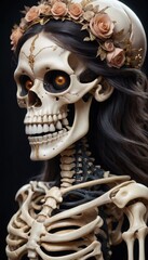 Skeleton woman with hair and eyes. Fantasy illustration of non-human anatomy with black background