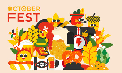 Obraz premium Oktoberfest illustration. The image conveys the unique spirit of the holiday: people in traditional costumes raising beer mugs, german food and a lot of beer. Will perfectly complement your project.