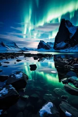 Poster Glaciers in the Arctic sea under Northern Lights expressing natures cold mystical elegance  © fotogurmespb