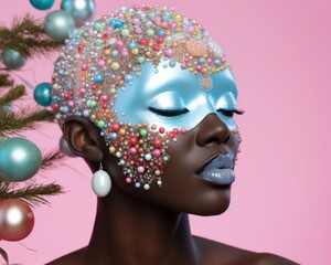A beautiful woman adorned with opalescent pearls and dazzling baubles celebrates the new year with a surreal, decorated portrait, her face masked in vibrant colors