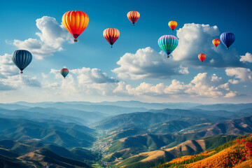 Colorful Celebration in the Blue Sky: Large Group of Helium Balloons in Mid-Air