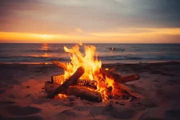 Gordijnen Burning campfire on the beach © Virtual Art Studio