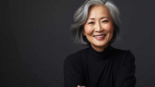 Captured in a studio, a mature Asian woman showcases a radiant, wide smile..