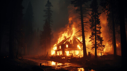 Brennendes Haus im Wald, Feuer, Waldbrand, Klimawandel, Hitze, Wärme Naturkatastrophe