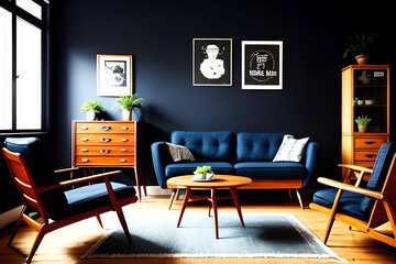 Dark blue home interior with old retro furniture, hipster style. Wide view - obrazy, fototapety, plakaty