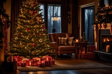 a warmly lit, rustic living room with a beautifully decorated Christmas tree as the centerpiece. 