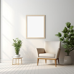 minimal design appartment, a wall with 1 picture frame, modern living-room, colourful furniture, perpendicular composition, center perspective, very detailed, photorealistic, photographic