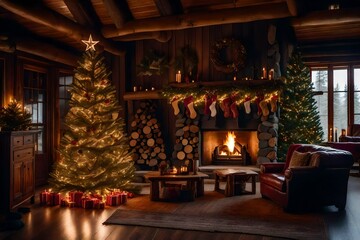 Fototapeta na wymiar a rustic cabin living room with a large, ornate wooden Christmas tree and a warm, crackling fireplace. 