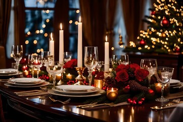a warmly lit, elegant dining room set for a formal Christmas dinner, with fine china, crystal glassware, and holiday centerpieces. 