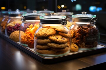 Assortment of cookies in glass jars on table in cafe, closeup. 