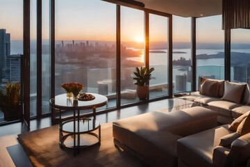 A sophisticated penthouse with panoramic views at sunrise. 
