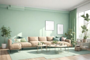A green pastel colored walls living room mock up. 