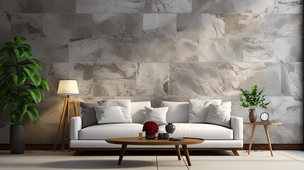 Modern Living Room Interior with Marble Wall and White Sofa