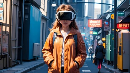 VRゴーグル・VRヘッドセットを付けたお洒落な女性のAIイラスト（AI生成画像）
