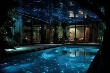 night pool with underwater lighting and illumination, creating a mood with reflections. Generative AI