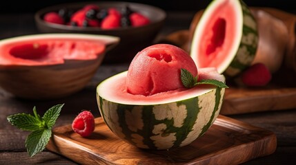 Cup of Refreshing Watermelon Sorbet Served in a Chilled Watermelon Shell, a Cool Summertime Delight - obrazy, fototapety, plakaty