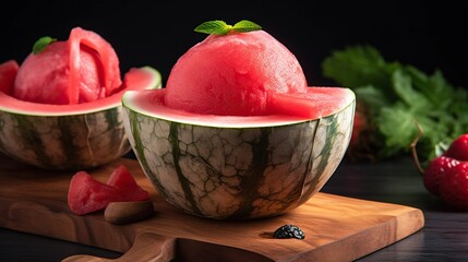Cup of Refreshing Watermelon Sorbet Served in a Chilled Watermelon Shell, a Cool Summertime Delight - obrazy, fototapety, plakaty