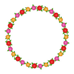 color rose flowers with leaves round frame