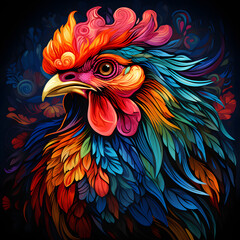 Colorful poster with rooster in vector design style isolated on black background