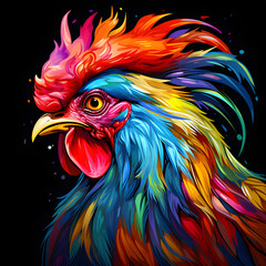 Colorful poster with rooster in vector design style isolated on black background