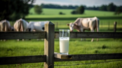 Glass of Milk Placed on a Wooden Fence with a Green Grass Background, a Rustic and Serene Scene
