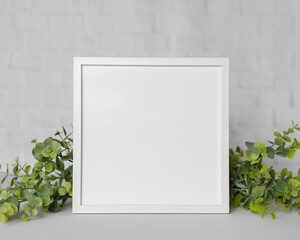 Minimal wooden picture poster frame mockup on white wallpaper