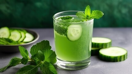 Glass of Refreshing Cucumber and Mint Juice Served with Slices of Cucumber and Mint Leaves, a Cooling and Rejuvenating Drink
