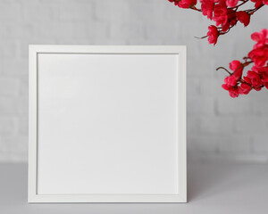 Minimal wooden picture poster frame mockup on white wallpaper