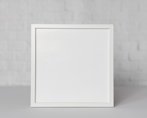 Minimal wooden picture poster frame mockup on white wallpaper