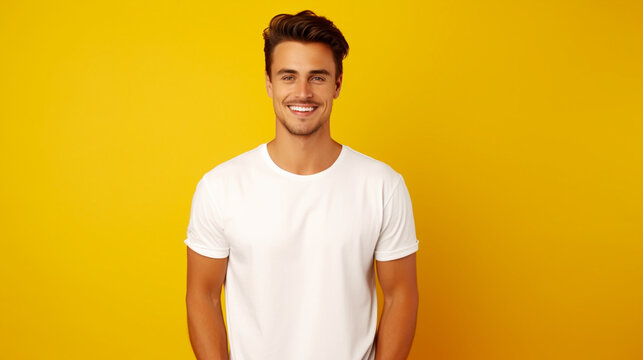 Smiling man in white T-shirt on isolated yellow background. Copy space. Generative AI